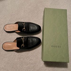AUTHENTIC GUCCI MULES - THE PRINCETOWN LEATHER SLIPPER BLACK WITH GOLD HORSEBIT